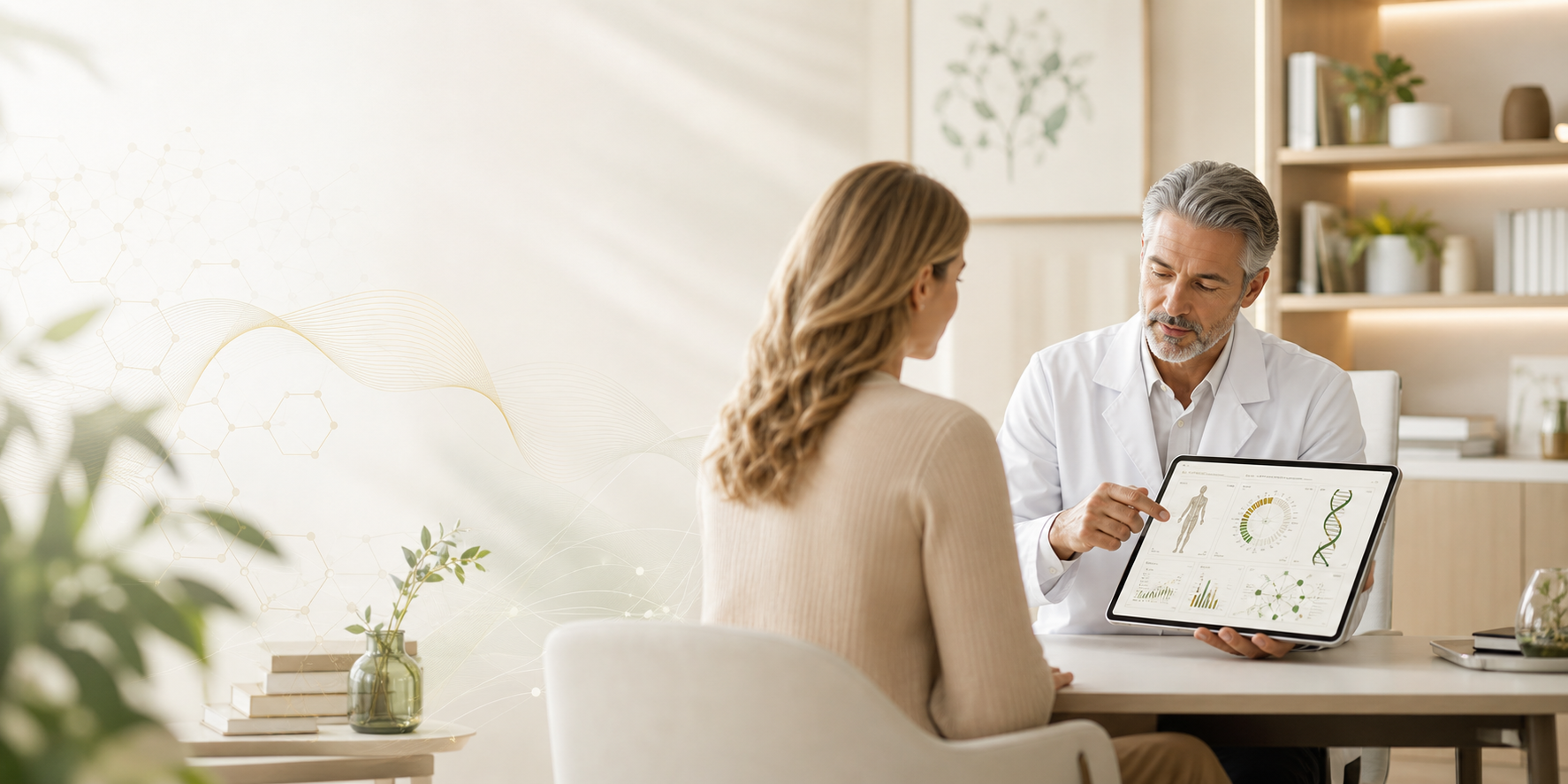BioCode Beratungssituation mit Fachperson, Patientin und digitaler Gesundheitsübersicht