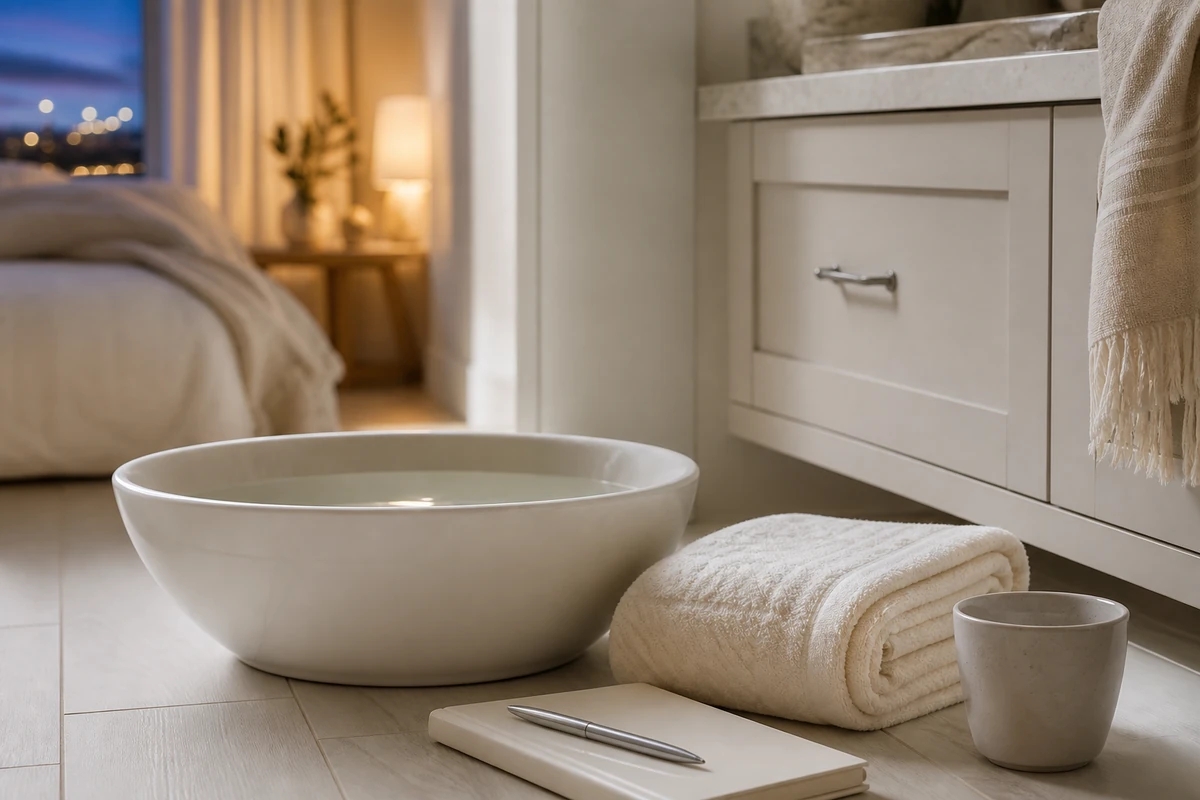Schlichtes Abendritual mit Fußbad, Handtuch, Tasse und Notizbuch