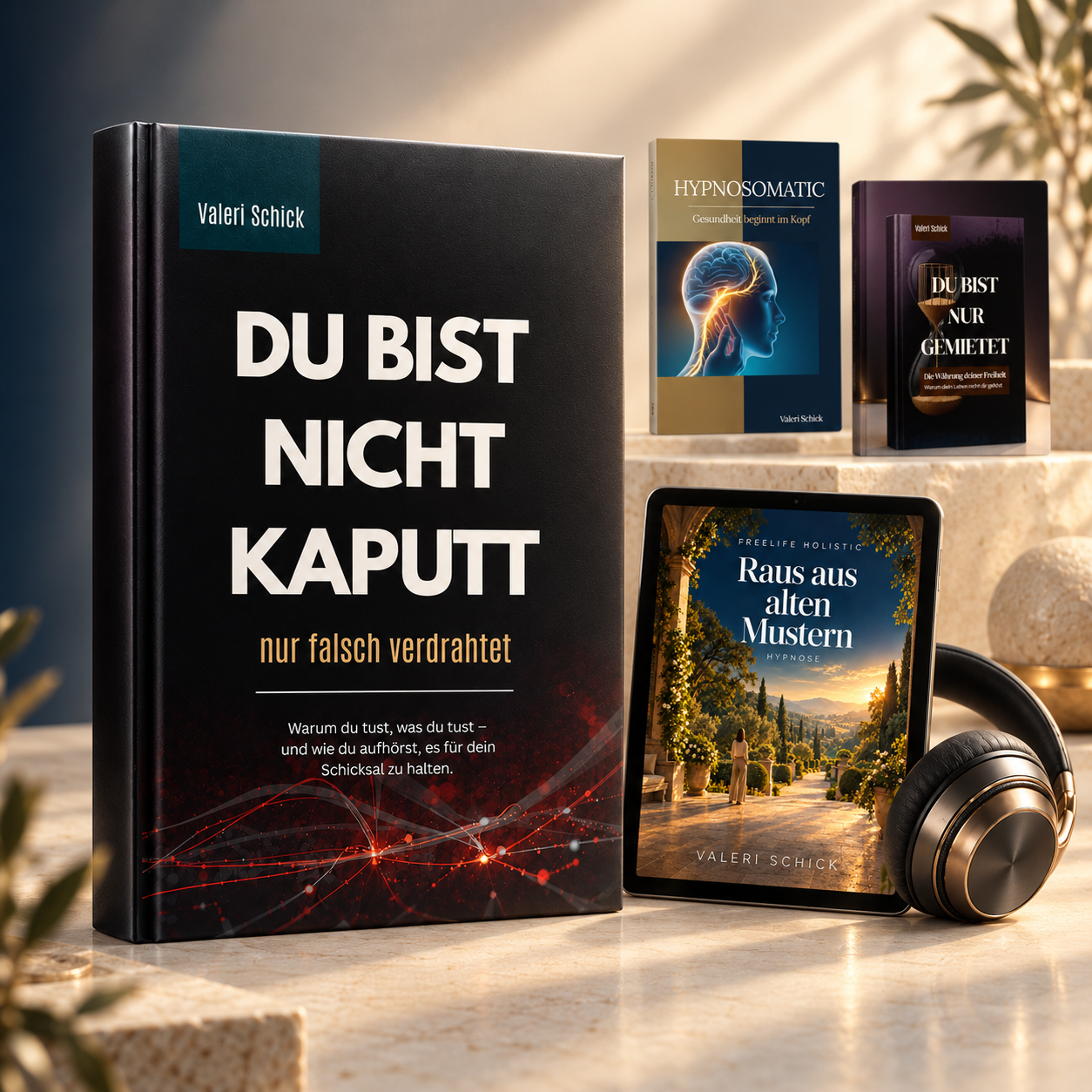 Du bist nicht kaputt, nur falsch verdrahtet im Vordergrund, daneben die Hypnose Raus aus alten Mustern mit Tablet und Kopfhörern; Hypnosomatic und Du bist nur gemietet kleiner im Hintergrund