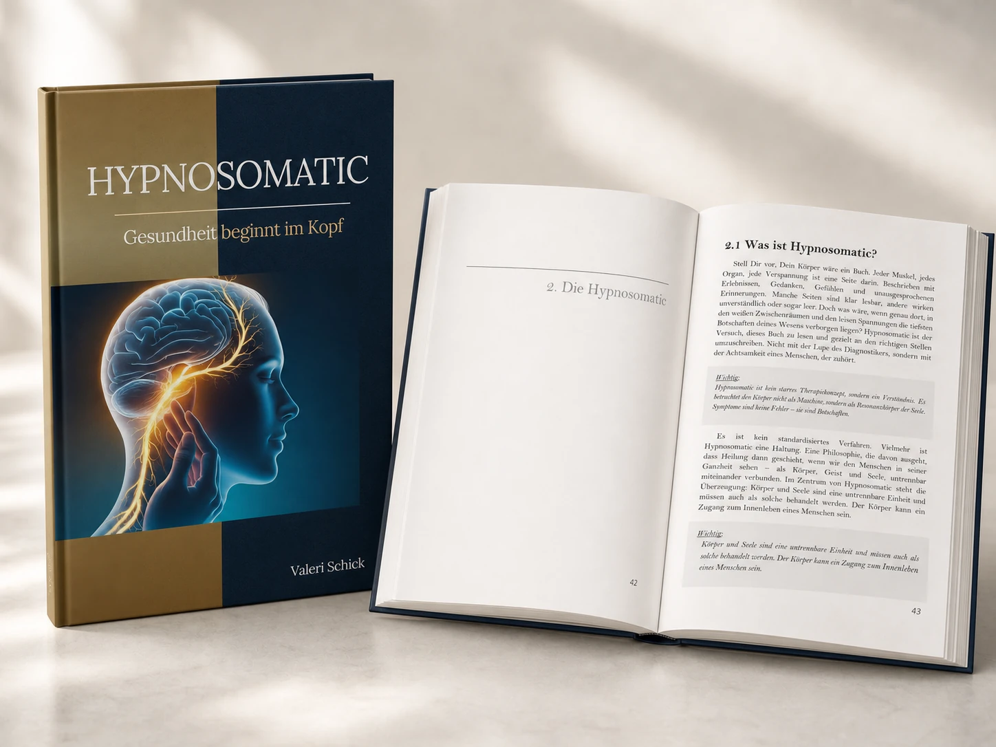 Hypnosomatic als Buchszene mit Originalcover und Beispieltext aus den Seiten 42 und 43