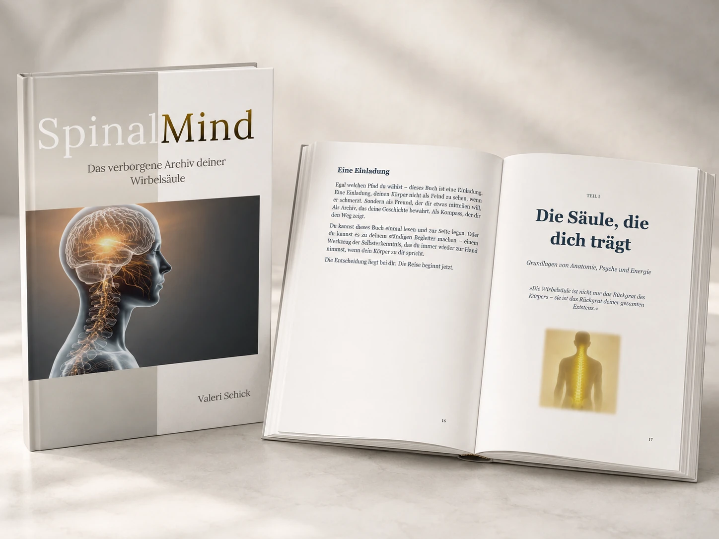 SpinalMind® als Buchszene mit Originalcover und aufgeschlagenen Seiten 16 und 17