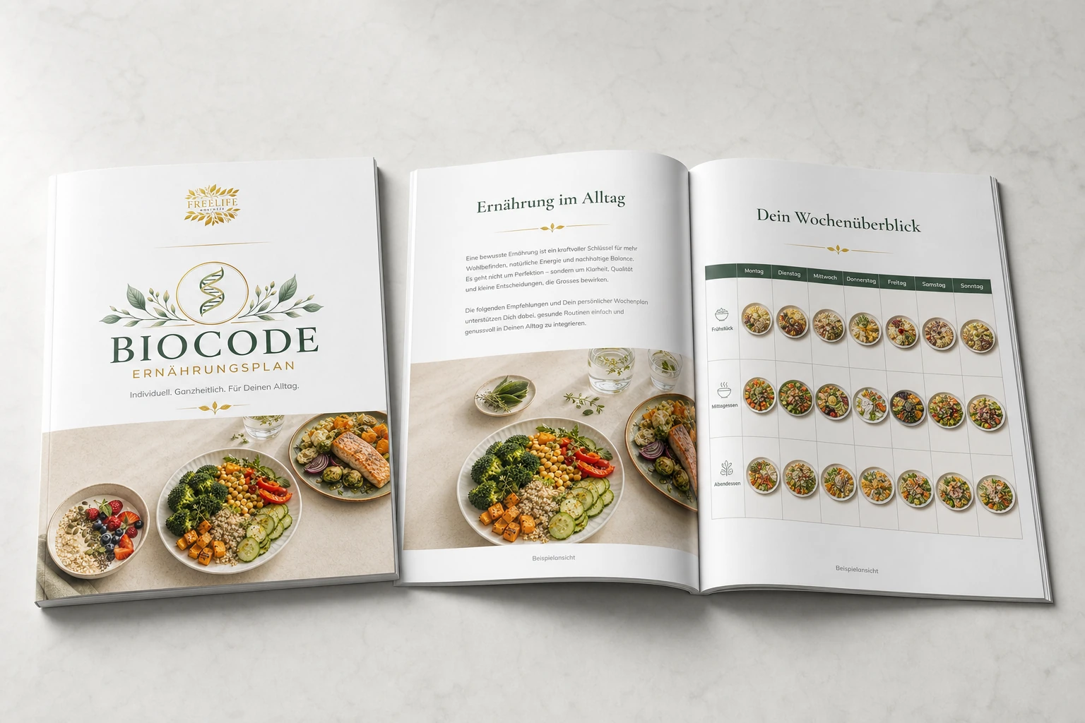 BioCode Ernährungsplan: Cover und aufgeschlagene Beispielseiten mit Wochenübersicht