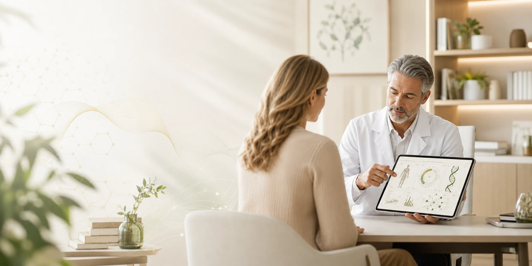 BioCode Beratungssituation mit Fachperson, Patientin und digitaler Gesundheitsübersicht