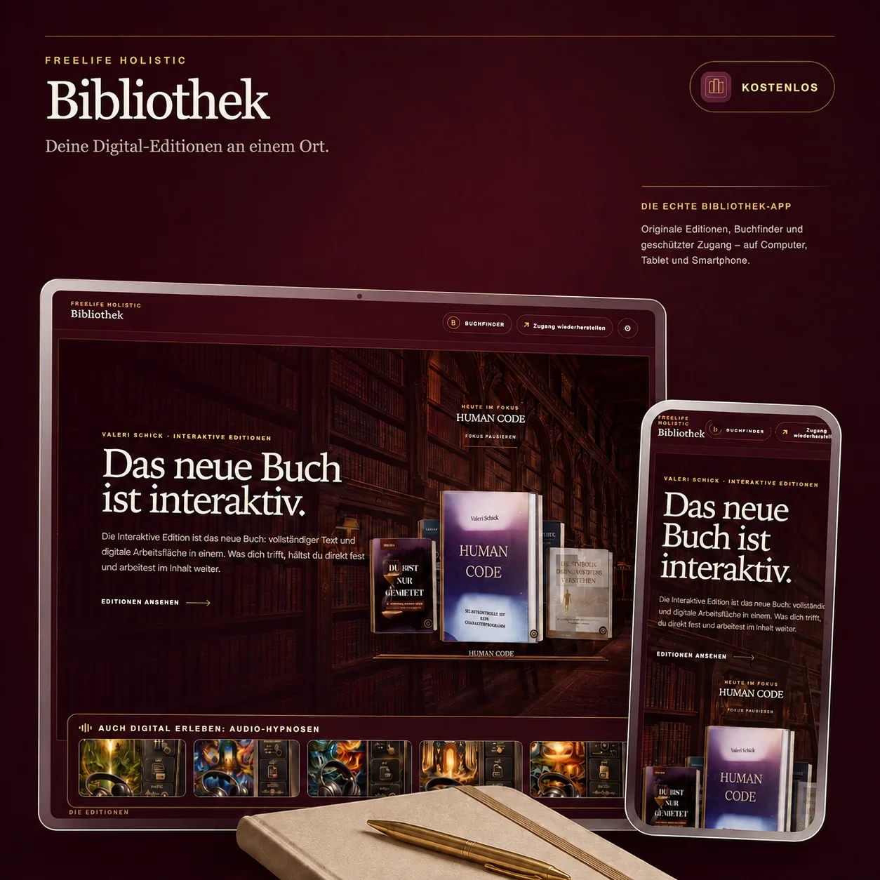 FreeLife Bibliothek mit Digitaleditionen auf Tablet und Smartphone vor rubinrotem Hintergrund