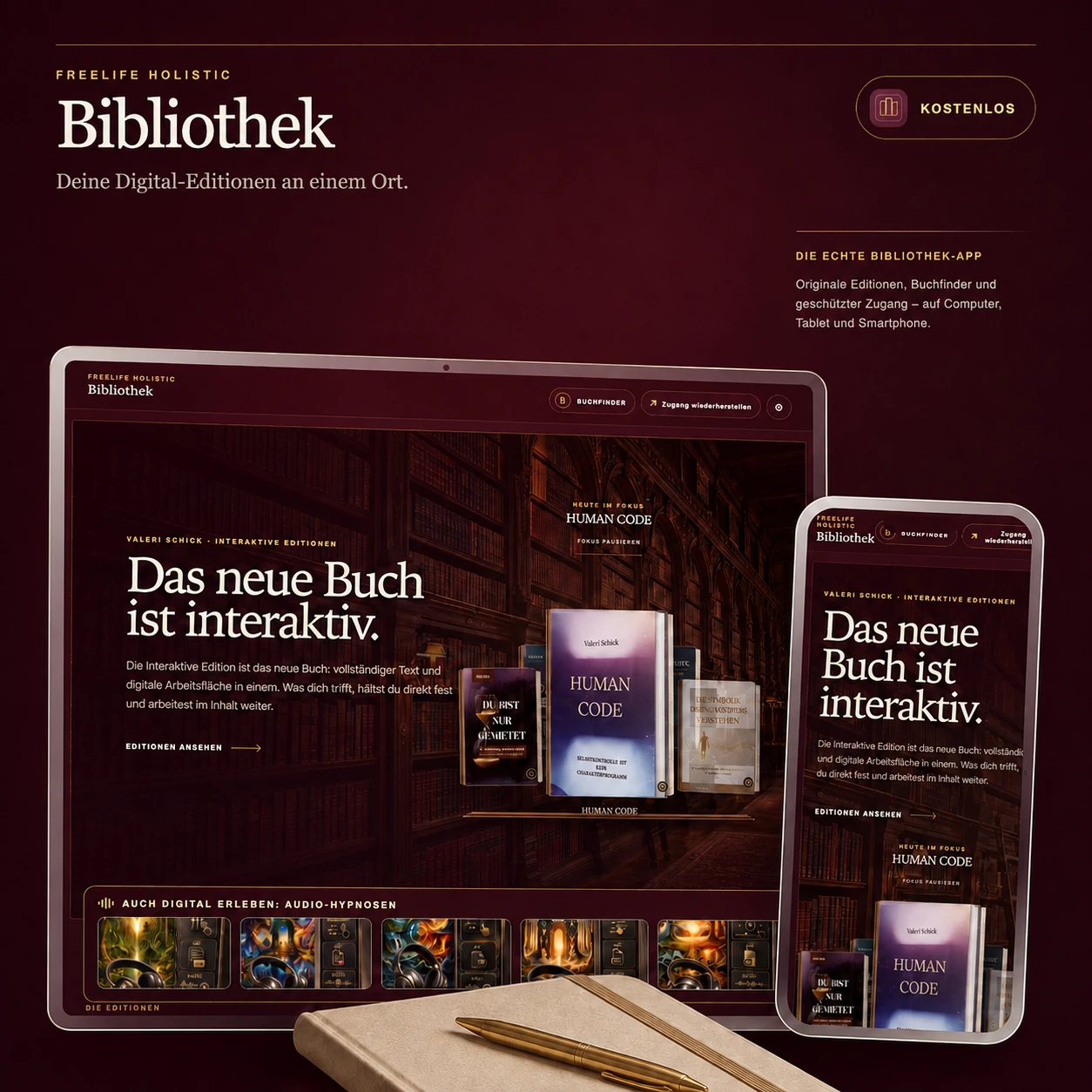 FreeLife Bibliothek: Sondereditionen auf Tablet und Smartphone vor rubinrotem Hintergrund