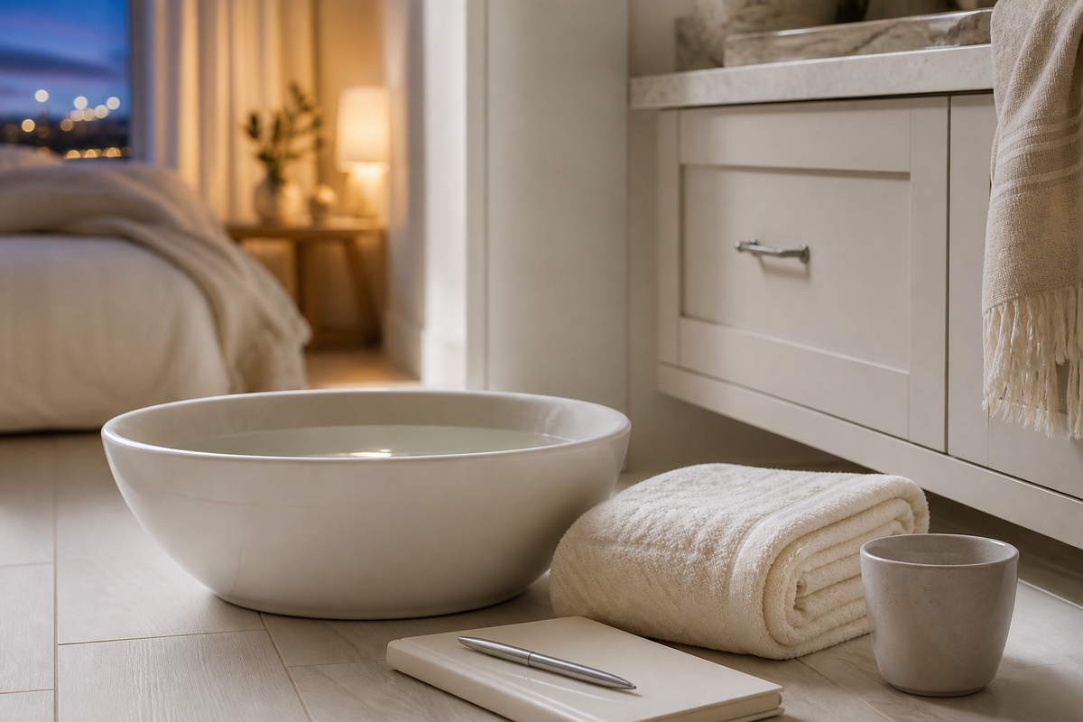 Schlichtes Abendritual mit Fußbad, Handtuch, Tasse und Notizbuch