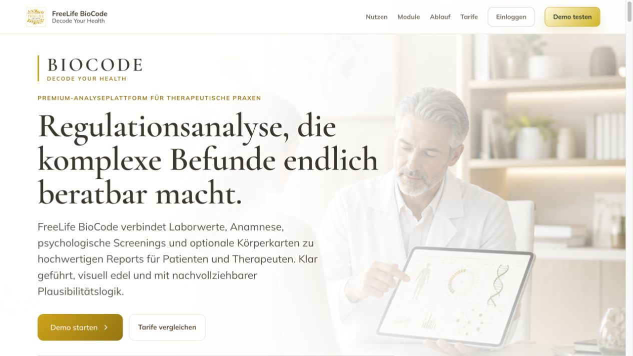 Aktuelle Startansicht der BioCode Analyseplattform für therapeutische und beratende Praxen