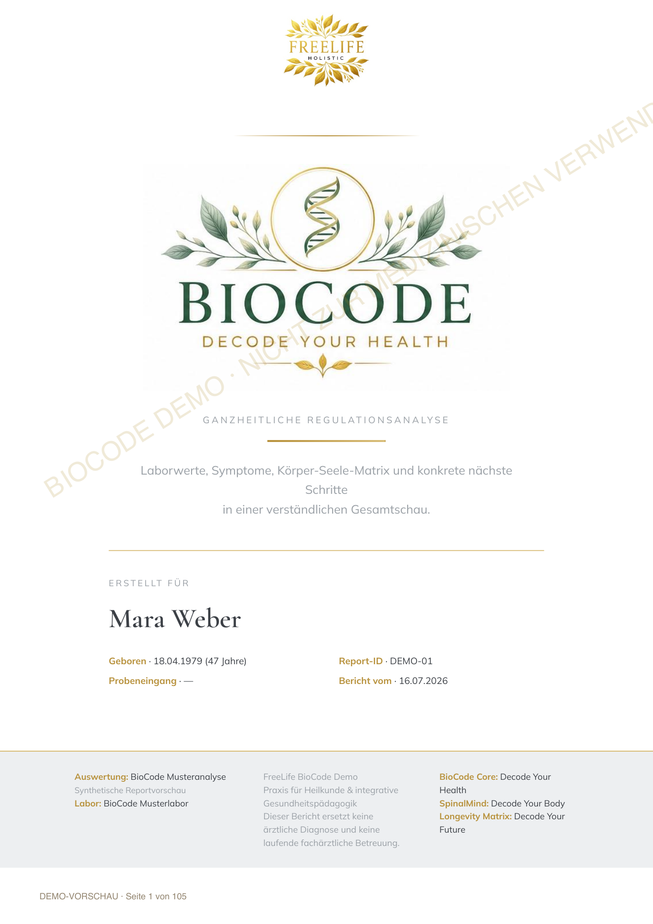 Erste Seite eines BioCode Demo-Reports mit BioCode Logo