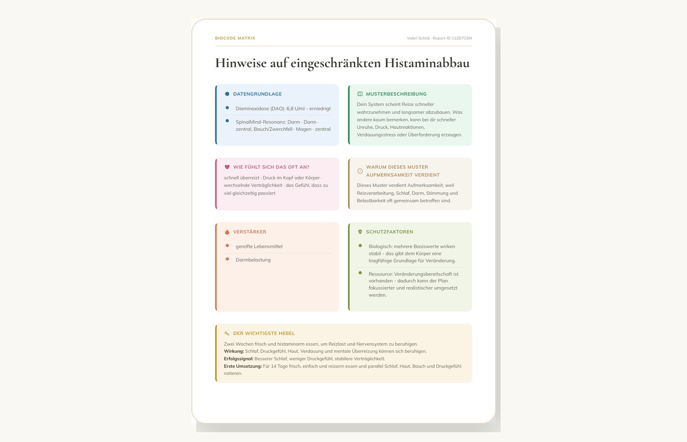 BioCode Reportseite mit strukturierter Matrix