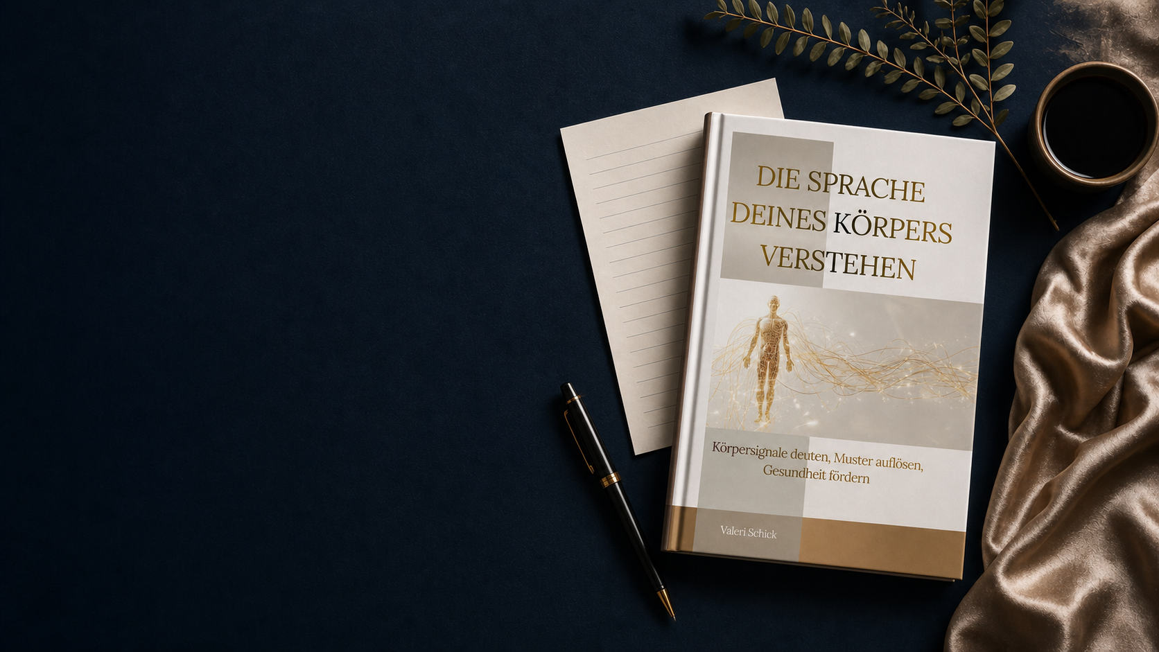 Buch, Notizen und Stift auf einem dunkelblauen Arbeitstisch