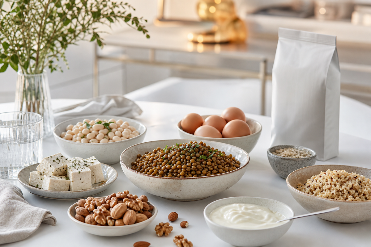 Proteinreiche Lebensmittel für den Alltag auf einem hellen Tisch