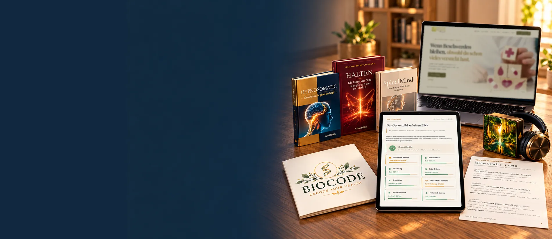 Schreibtisch in der Praxis mit den Büchern Hypnosomatic, HALTEN. und SpinalMind, BioCode-Broschüre, Tablet mit BioCode-Report, Laptop mit praxis-schick.net und Kopfhörern für geführte Hypnosen